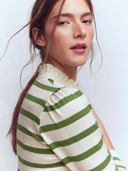 Boden Cotton Ruffle Collar Button Placket Stripe Top - view 2, Ivory/Green