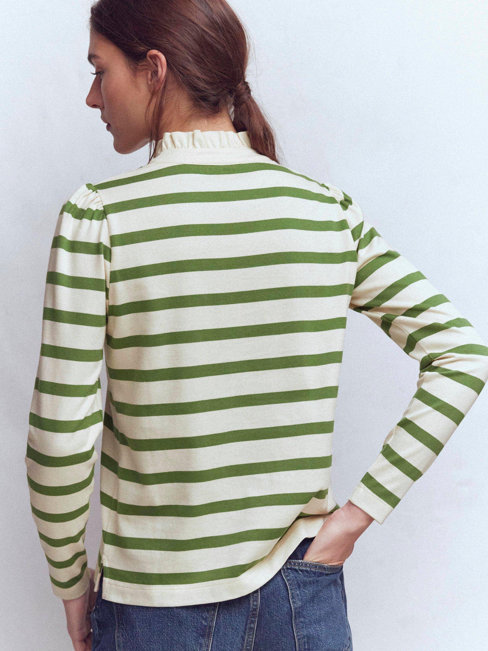 Product image 3 of 5, which shows Boden Cotton Ruffle Collar Button Placket Stripe Top, Ivory/Green, 8