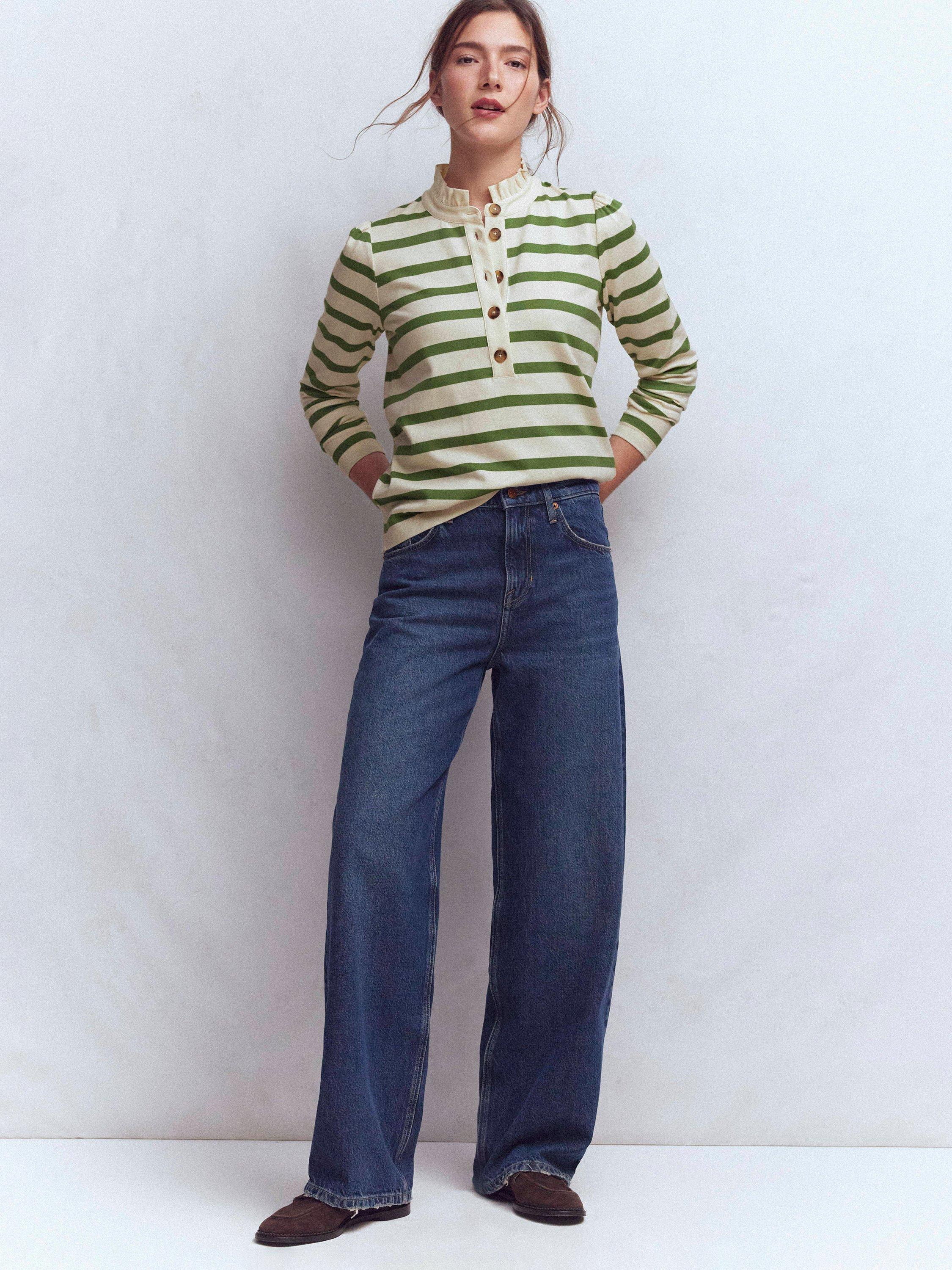Product image 4 of 5, which shows Boden Cotton Ruffle Collar Button Placket Stripe Top, Ivory/Green, 8