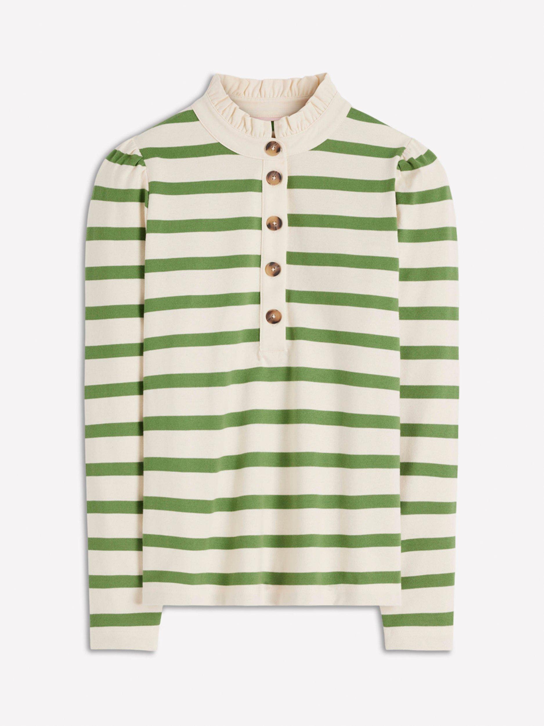 Product image 5 of 5, which shows Boden Cotton Ruffle Collar Button Placket Stripe Top, Ivory/Green, 8