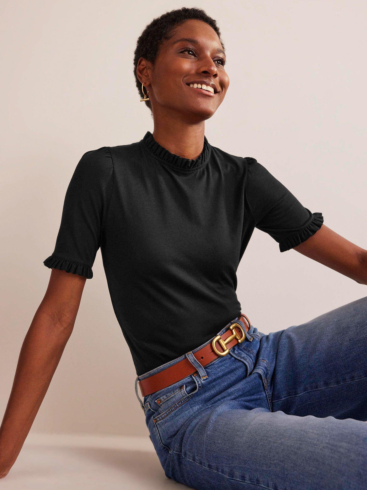 Product image 1 of 5, which shows Boden Frill Trim T-Shirt, Black, 8