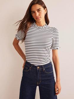 Boden Stripe Frill Sleeve T-Shirt, Ivory/Navy, Ivory/Navy