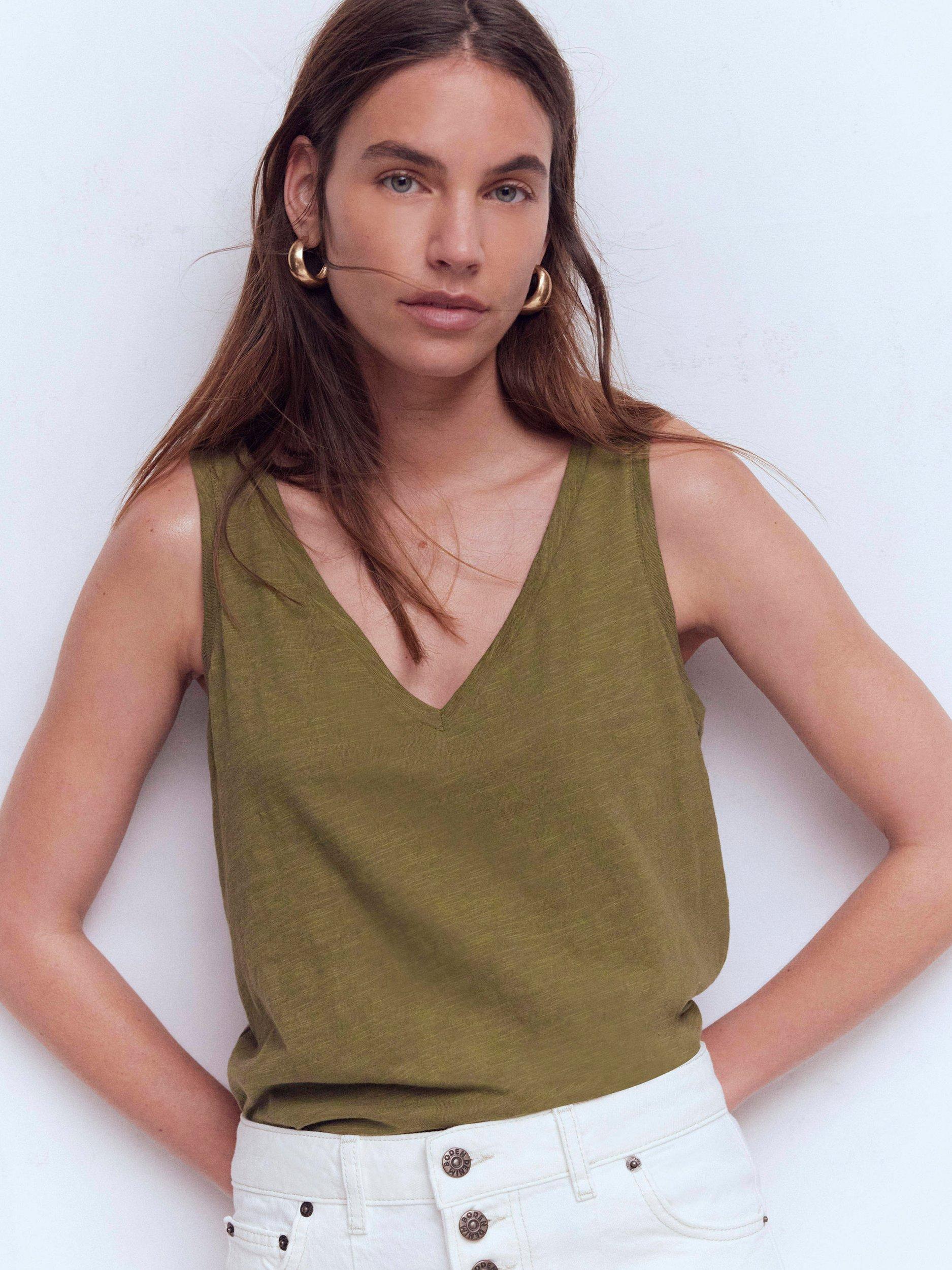 Product image 1 of 5, which shows Boden V-Neck Slub Vest Top, Capulet Olive, XS