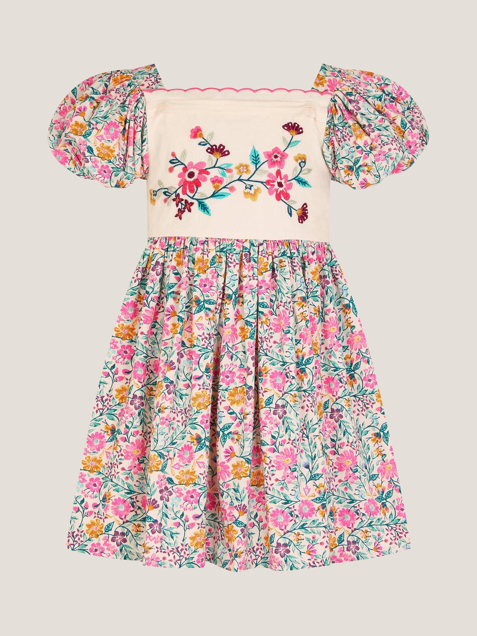 Product image 1 of 4, which shows Monsoon Kids' Embroidered Dress, Multi, 3-4 years