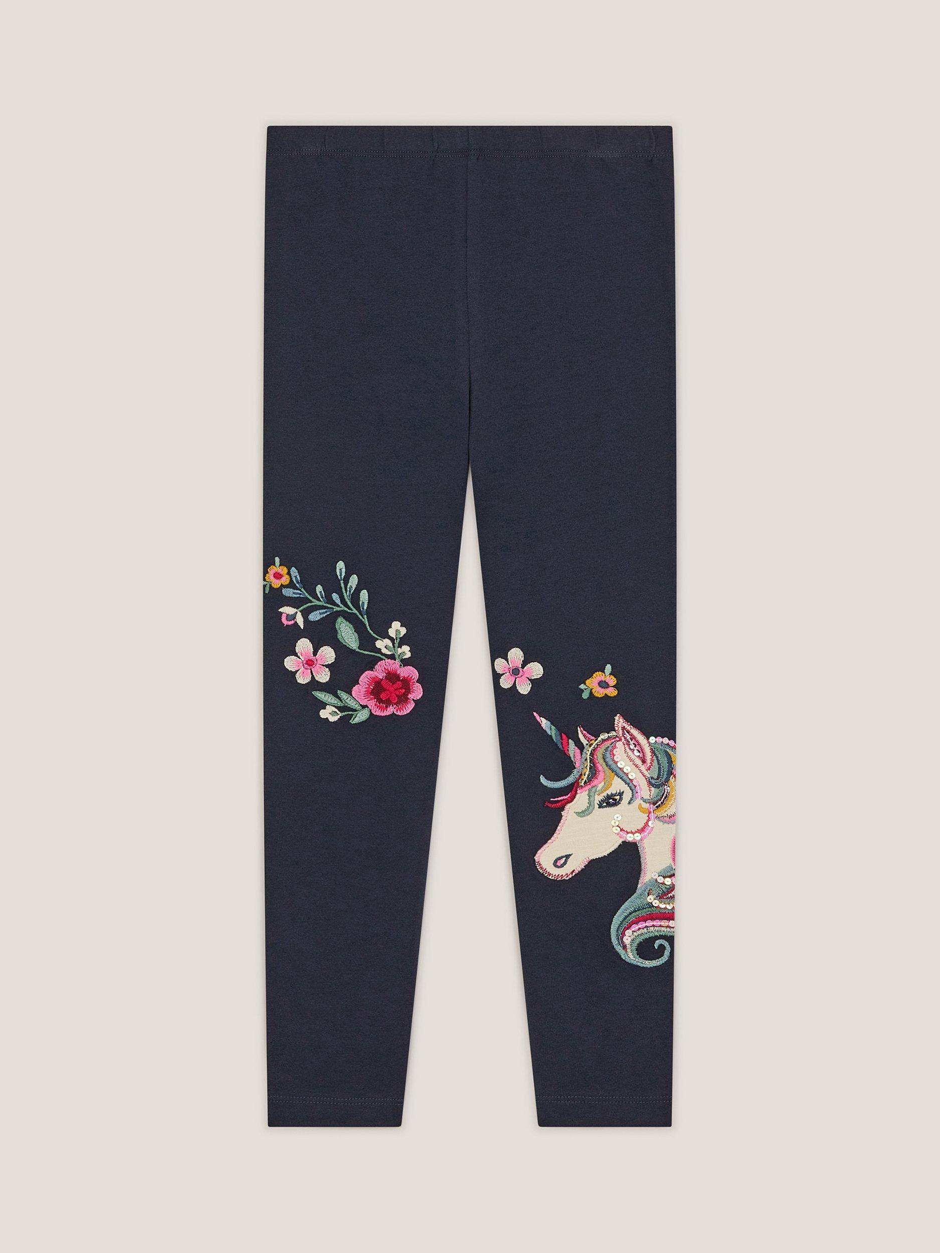 Product image 2 of 4, which shows Monsoon Kids' Unicorn Leggings, Navy, 3-4 years