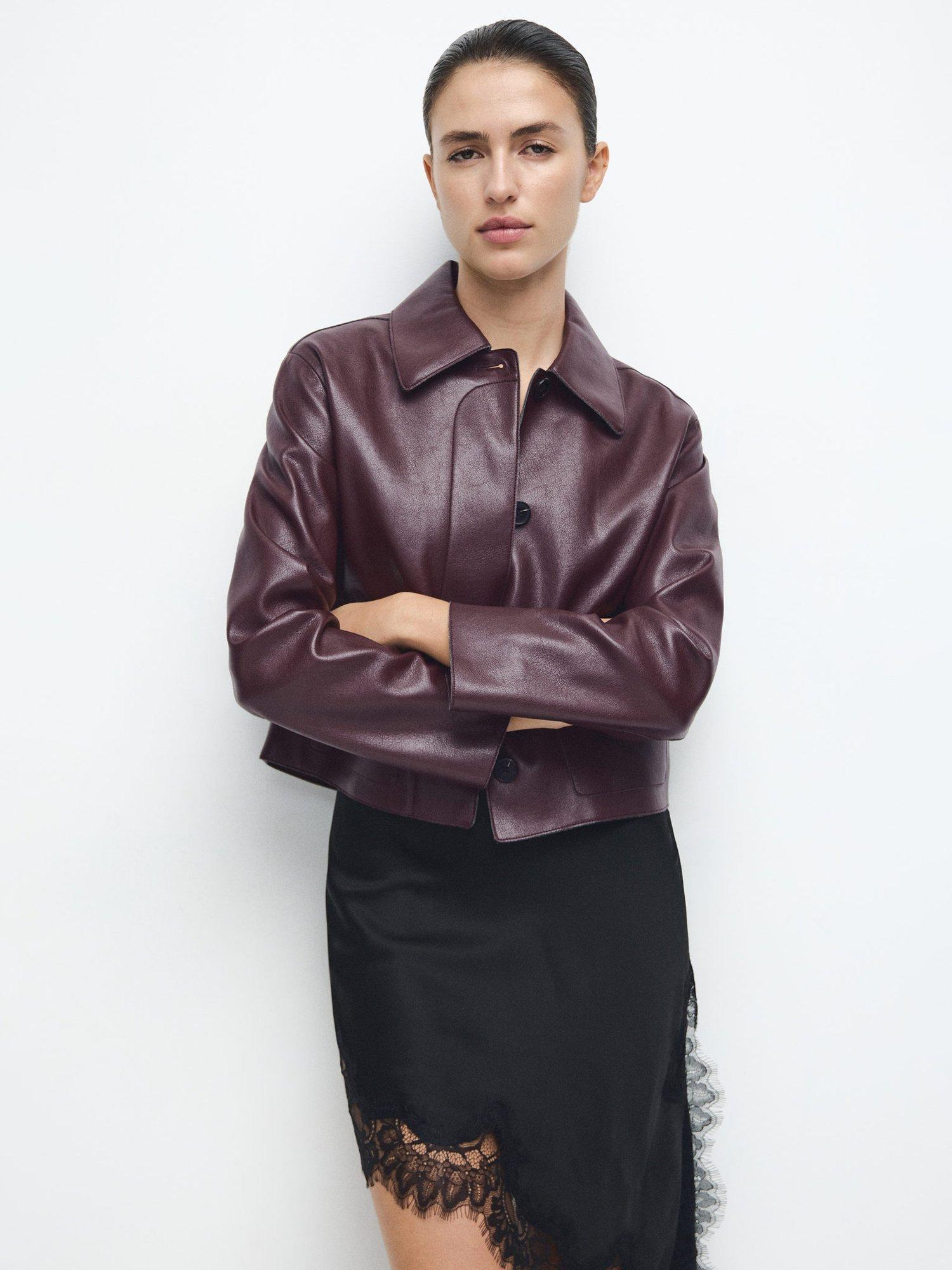 Product image 1 of 9, which shows Mango Sabina Faux Leather Jacket, Dark Red, XXS