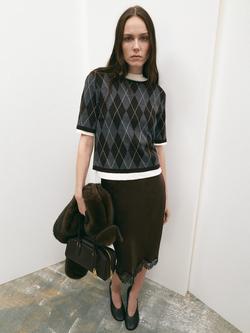 Mango Argyle Short Sleeve Jumper, Grey, Grey