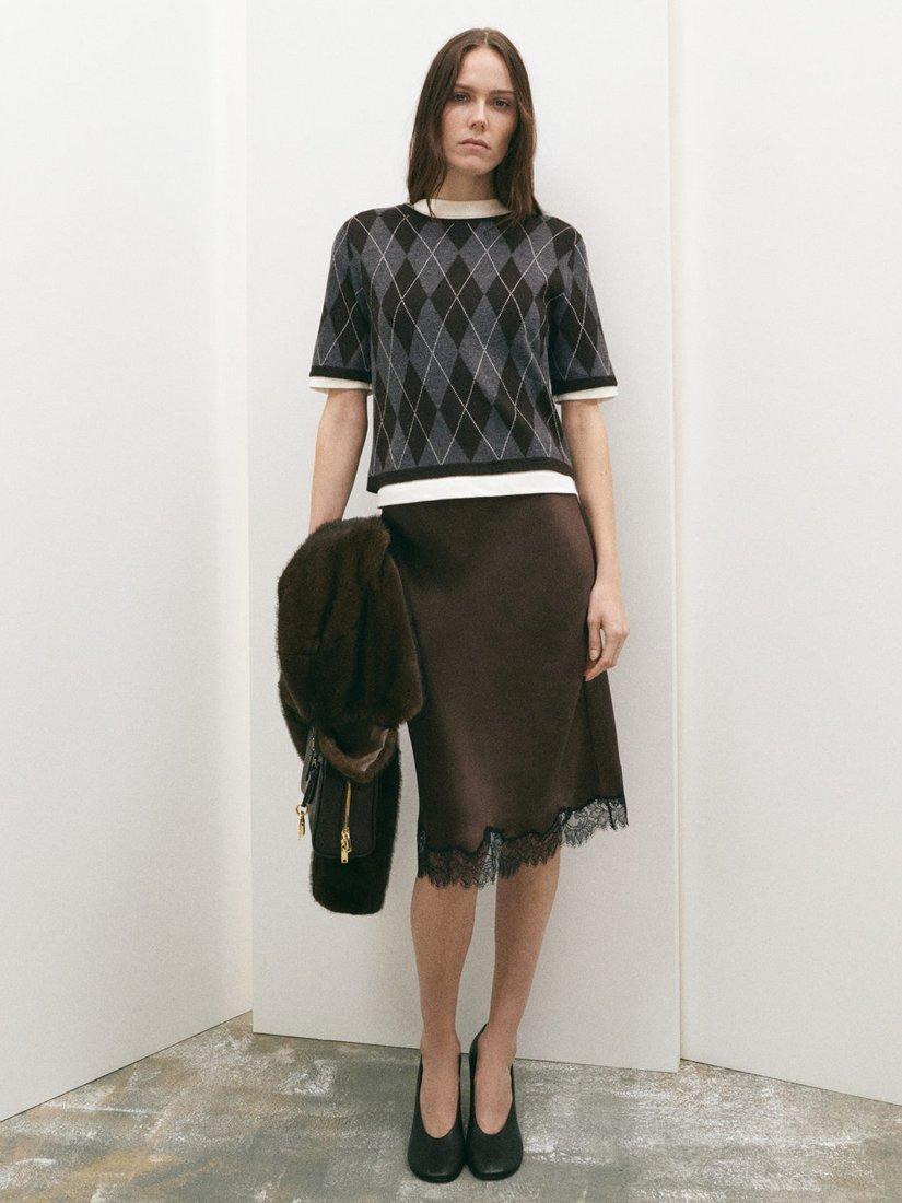 Product image 2 of 7, which shows Mango Argyle Short Sleeve Jumper, Grey, L