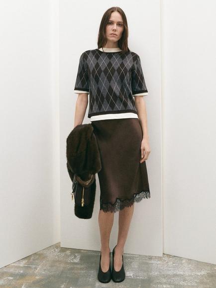 Mango Argyle Short Sleeve Jumper, Grey - view 2, Grey