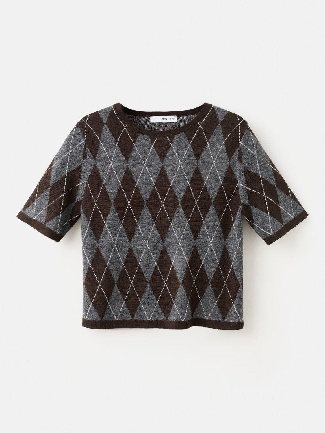 Product image 3 of 7, which shows Mango Argyle Short Sleeve Jumper, Grey, L