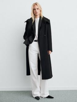 Mango Sirenita Belted Wool Rich Coat, Black, Black