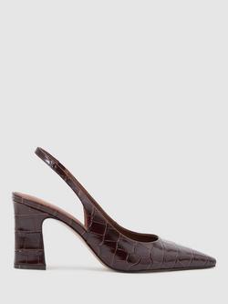 Reiss Lorena Slingback Leather Croc Effect Court Shoes, Burgundy, Burgundy