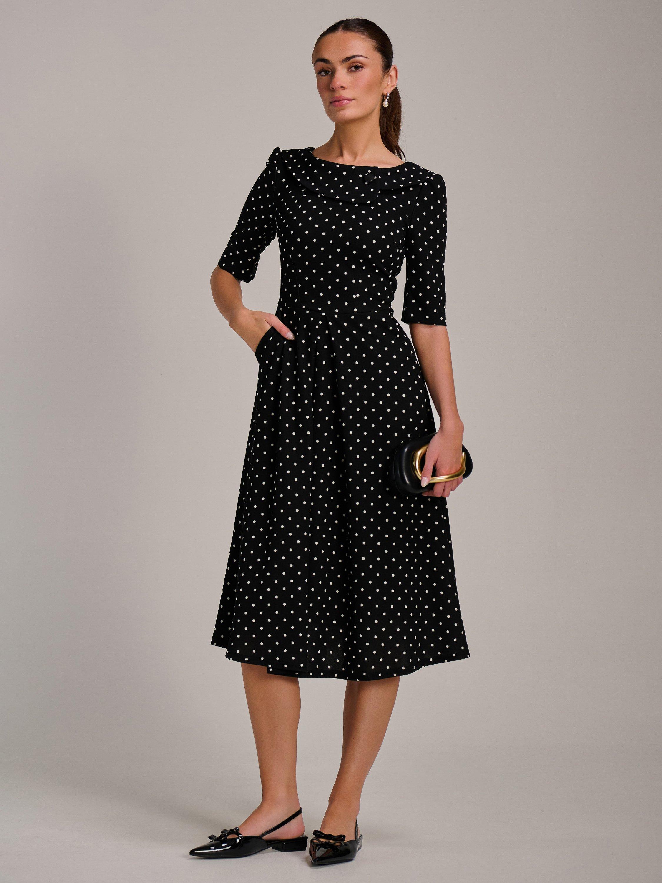 Product image 1 of 7, which shows Jolie Moi Polka Dot Scuba Collar Midi Dress, Black/White, 8