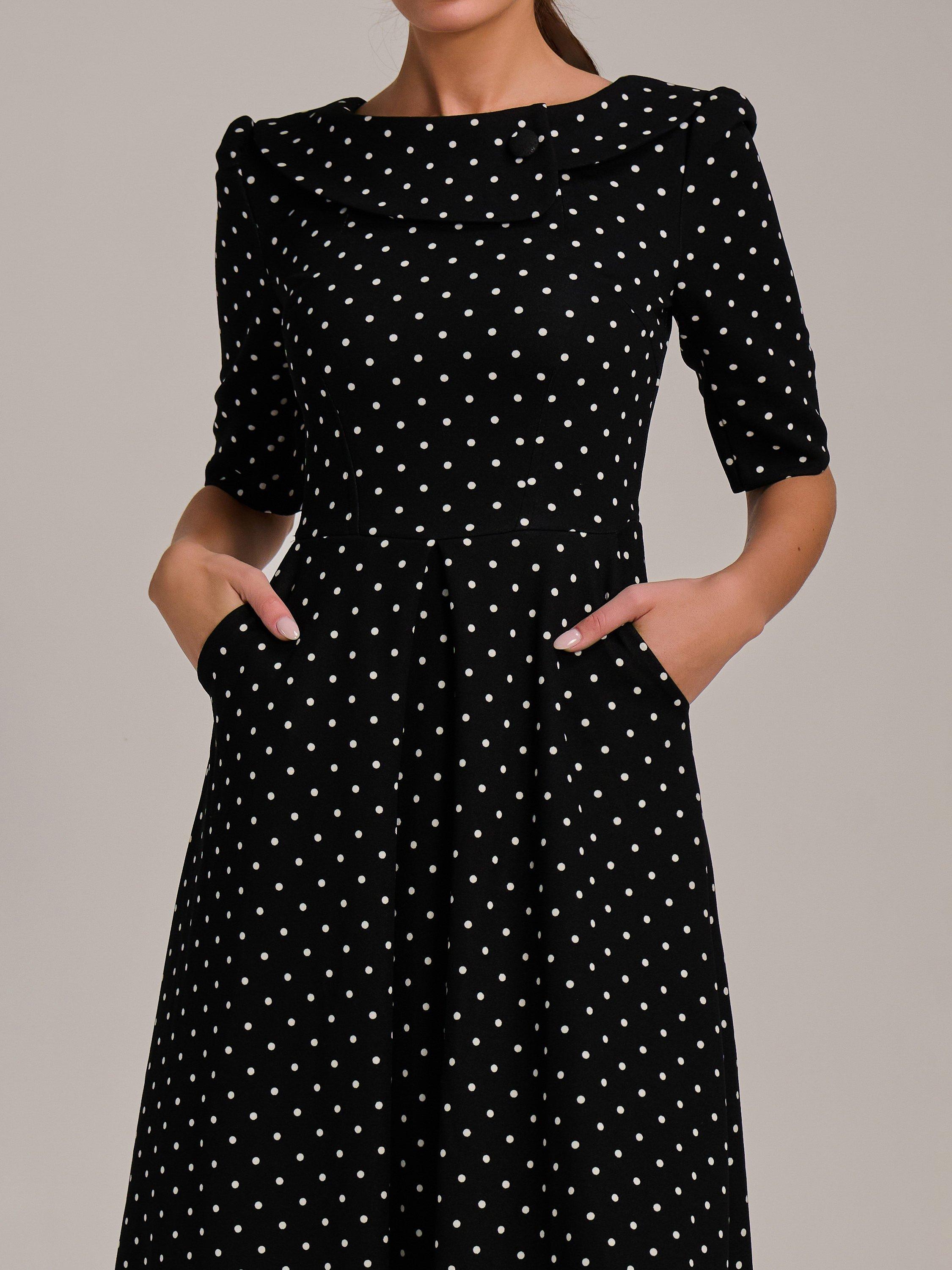 Product image 4 of 7, which shows Jolie Moi Polka Dot Scuba Collar Midi Dress, Black/White, 8