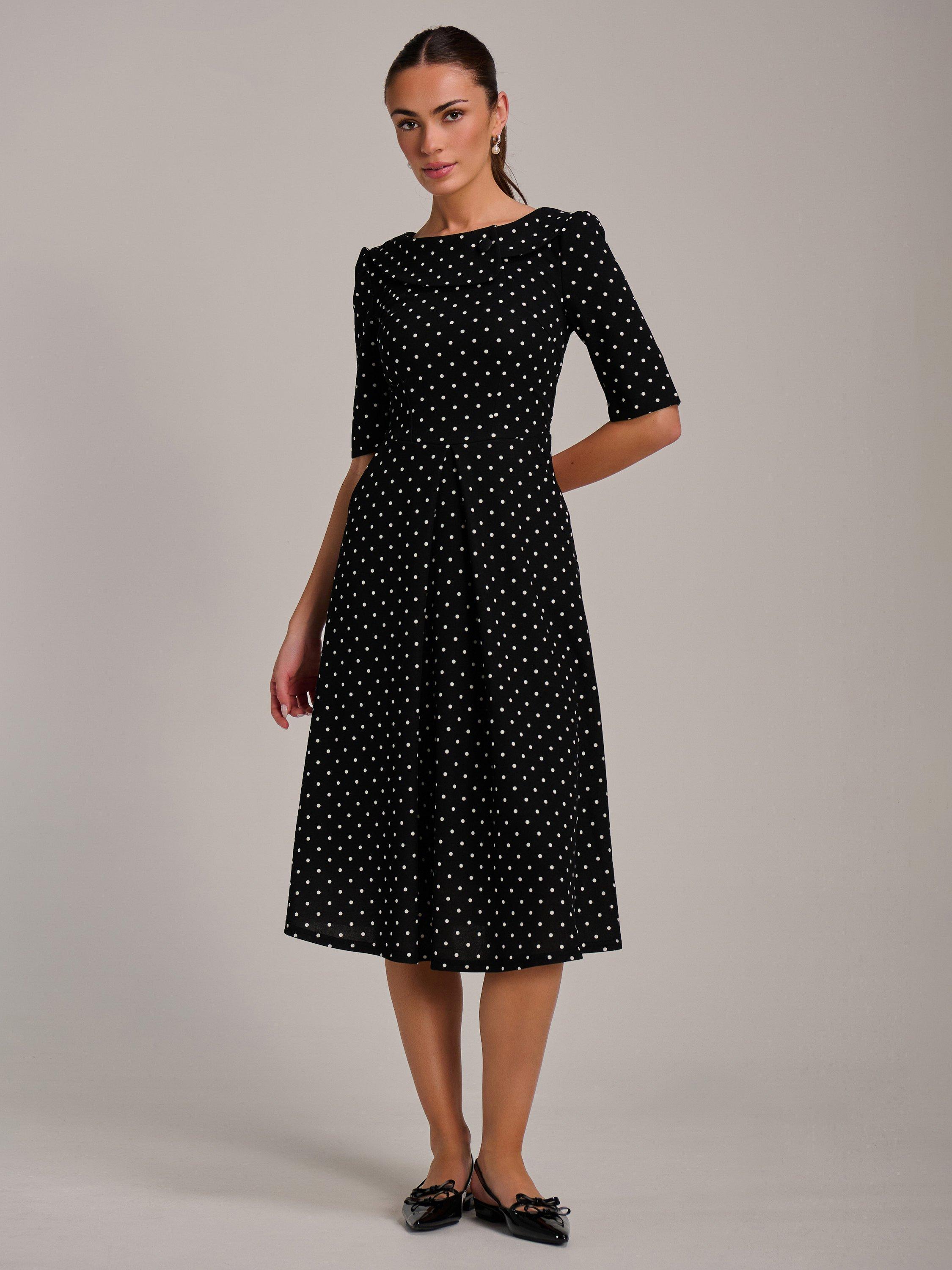 Product image 5 of 7, which shows Jolie Moi Polka Dot Scuba Collar Midi Dress, Black/White, 8