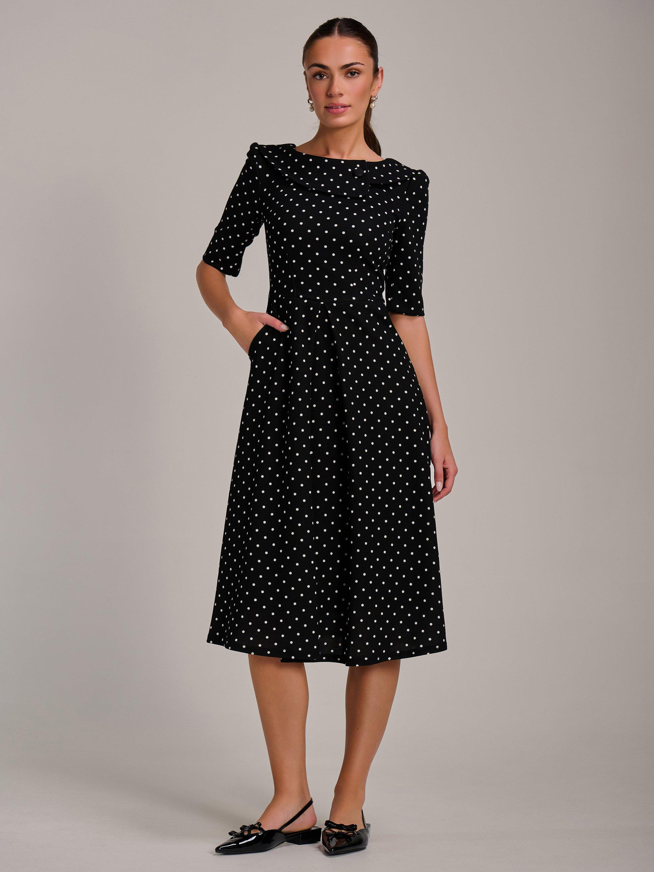 Product image 7 of 7, which shows Jolie Moi Polka Dot Scuba Collar Midi Dress, Black/White, 8