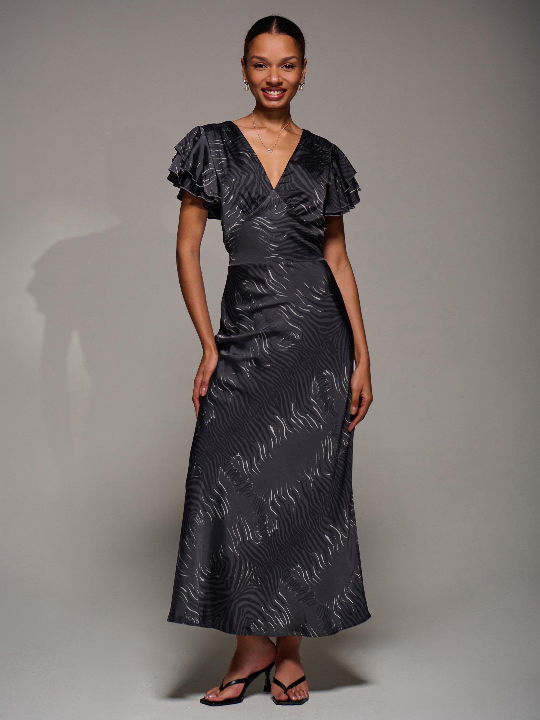 Product image 1 of 7, which shows Jolie Moi Ruffle Satin Maxi Dress, Grey, 8