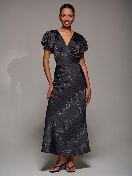 Jolie Moi Ruffle Satin Maxi Dress, Grey