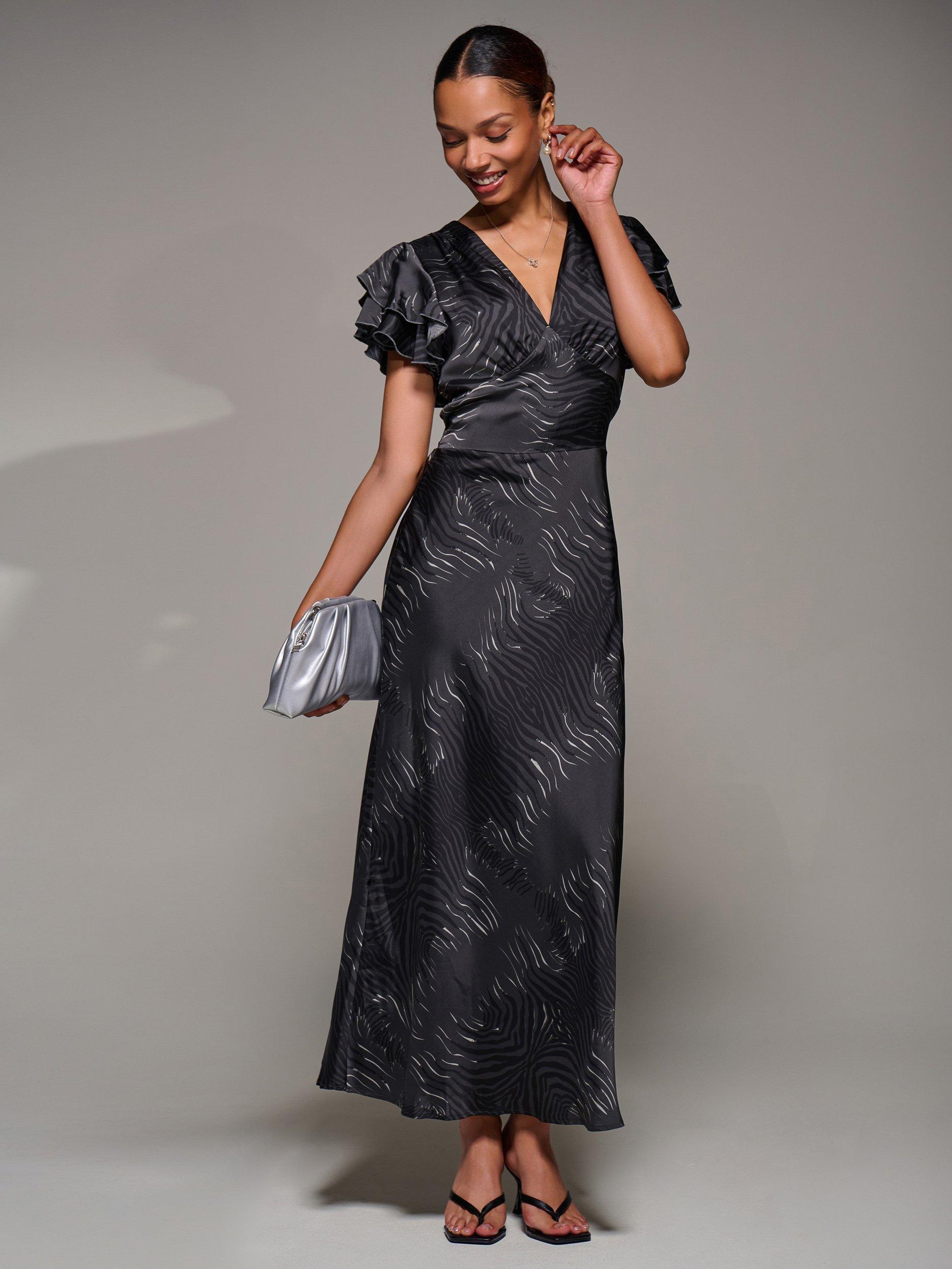 Product image 3 of 7, which shows Jolie Moi Ruffle Satin Maxi Dress, Grey, 8