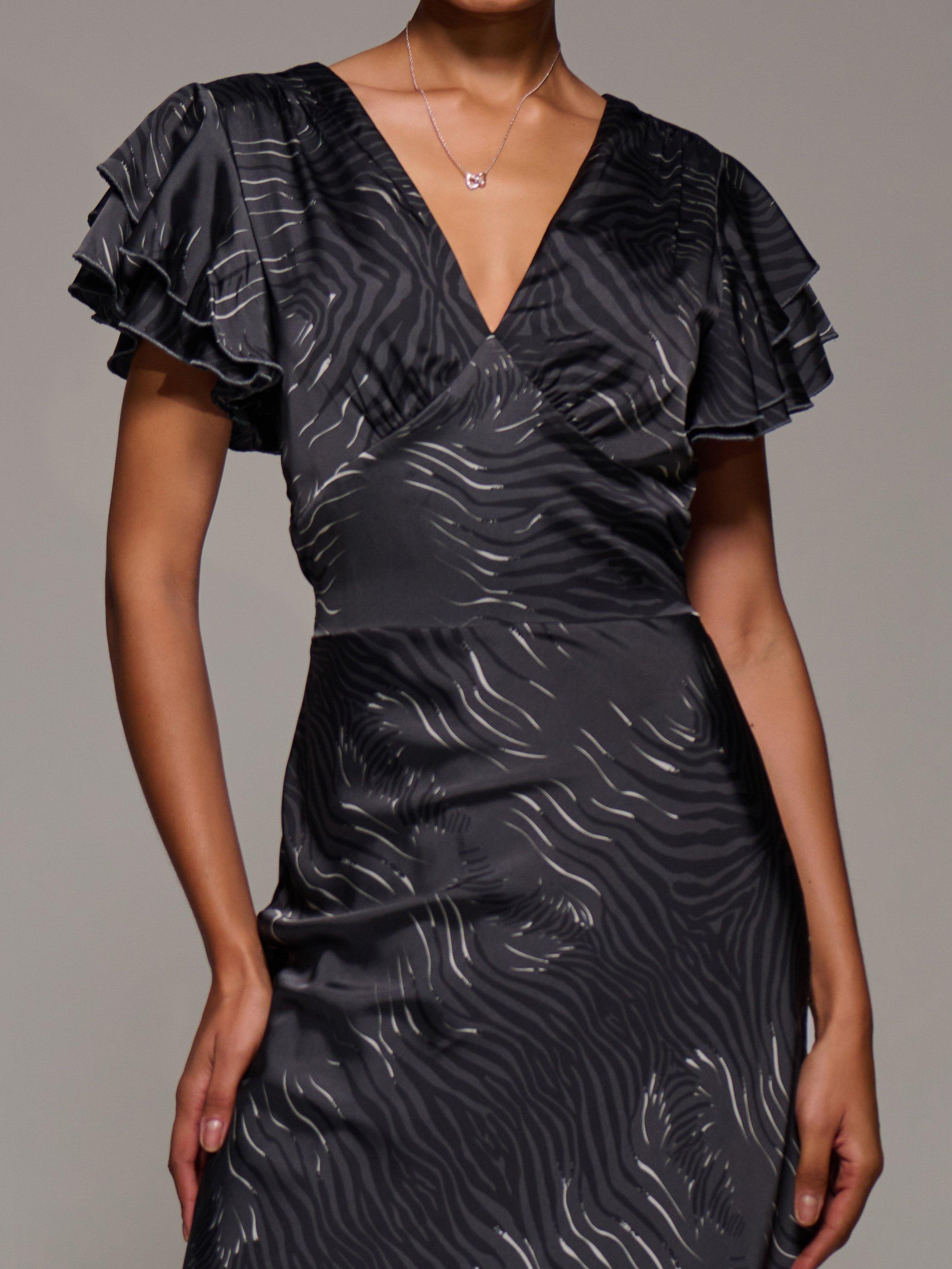 Product image 4 of 7, which shows Jolie Moi Ruffle Satin Maxi Dress, Grey, 8