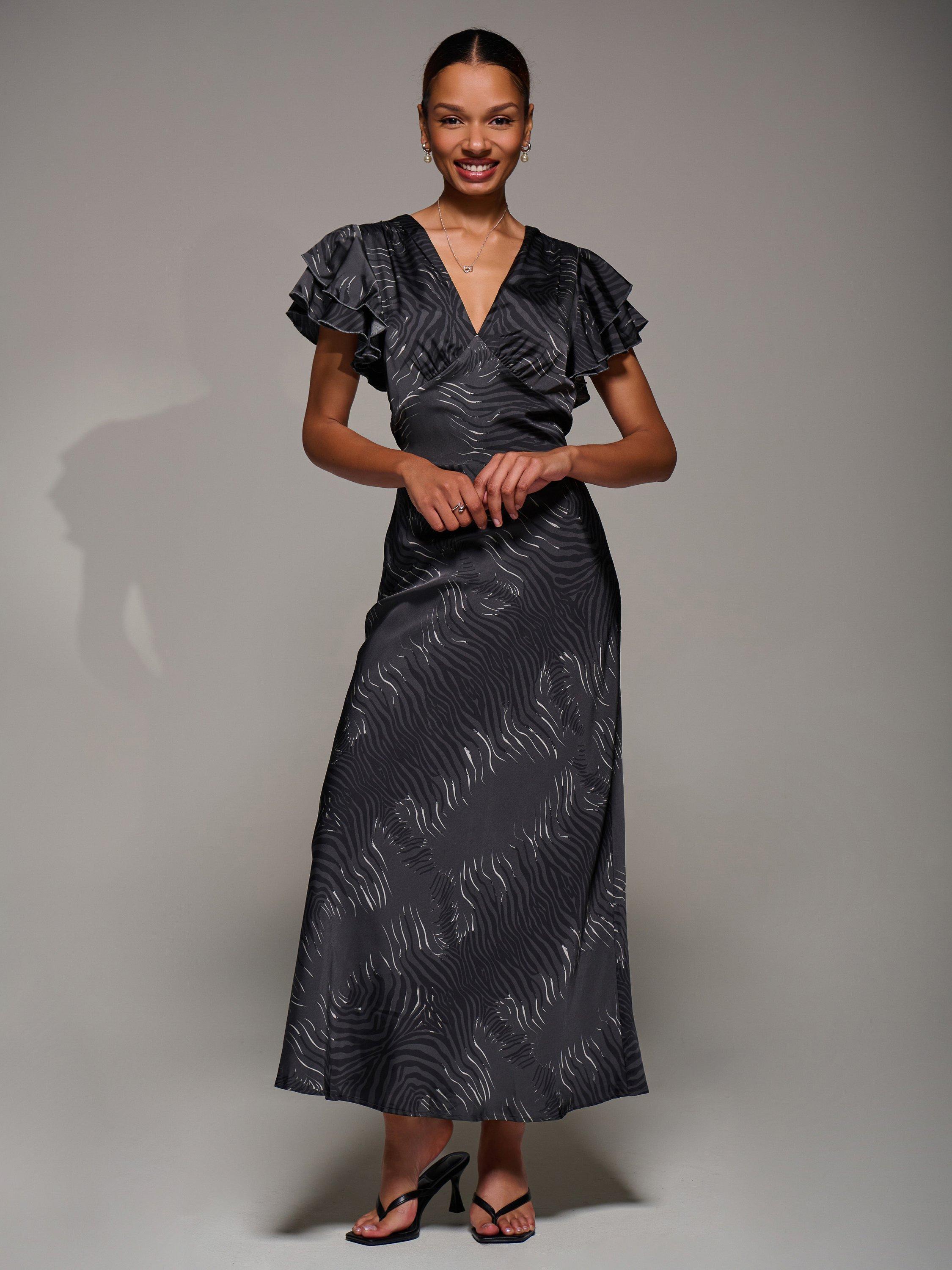 Product image 7 of 7, which shows Jolie Moi Ruffle Satin Maxi Dress, Grey, 8