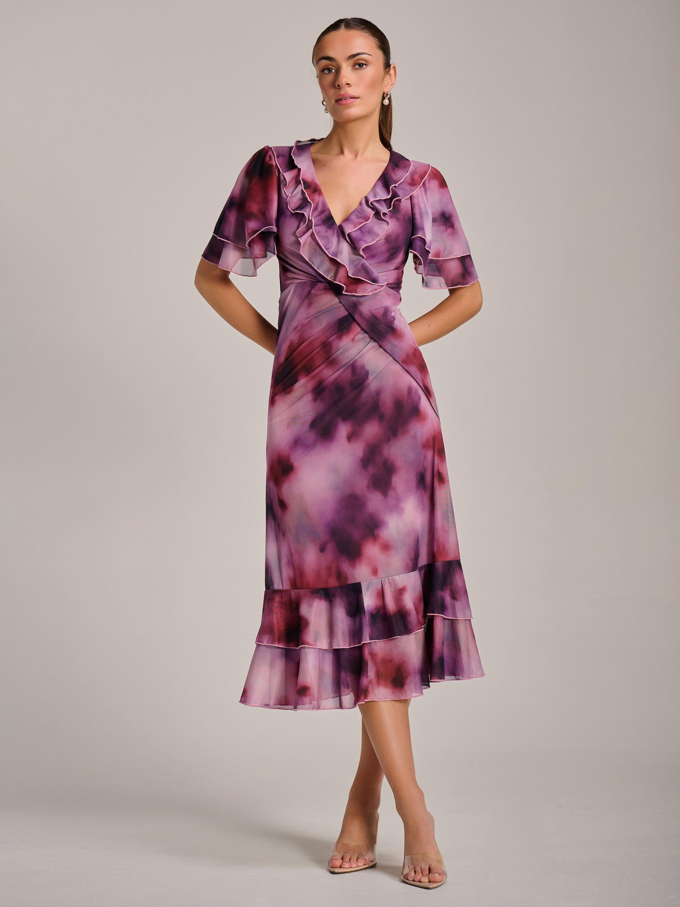 Product image 1 of 7, which shows Jolie Moi Abstract Ruffle Mesh Midaxi Dress, Pink/Multi, 8