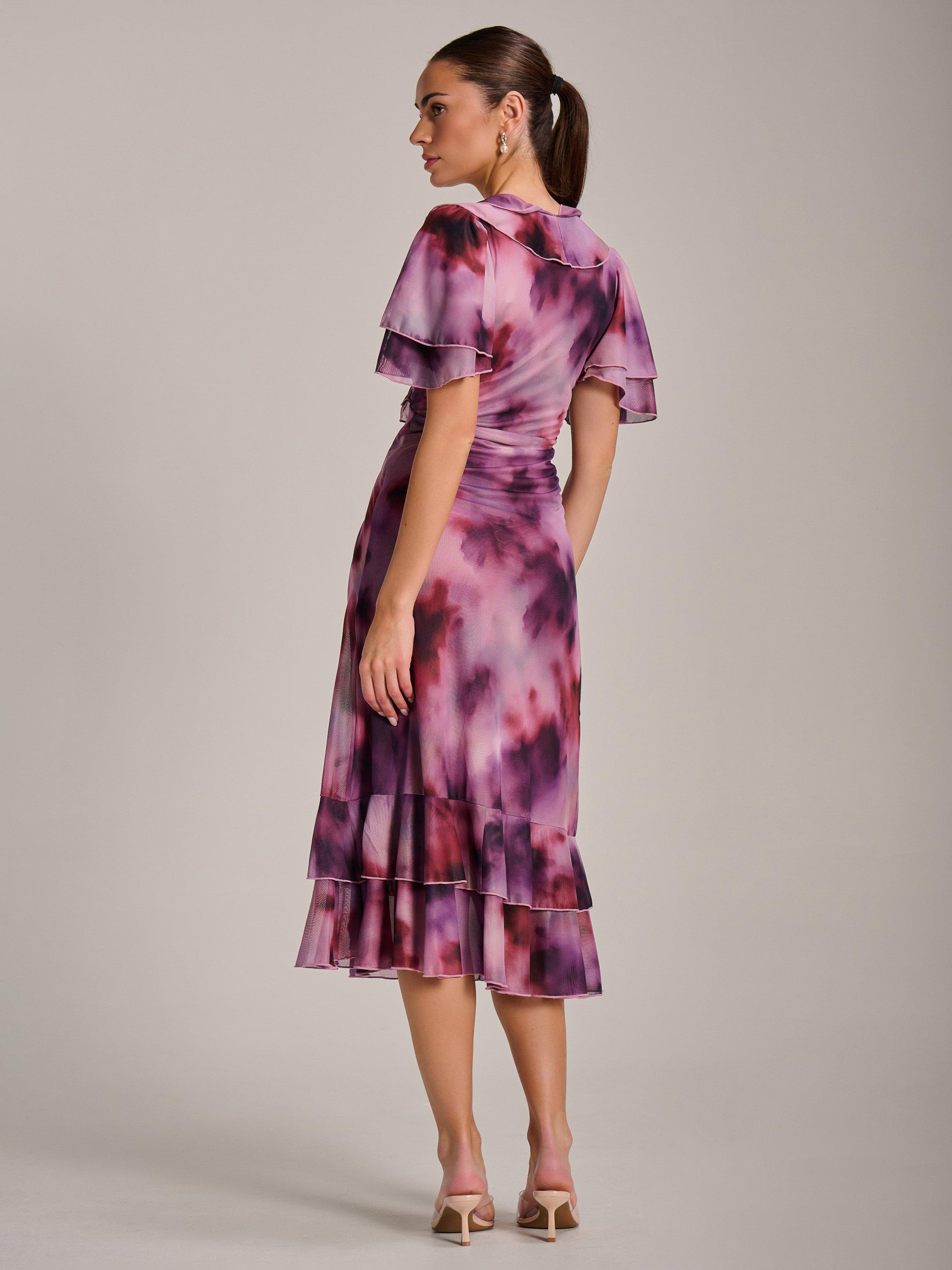 Product image 2 of 7, which shows Jolie Moi Abstract Ruffle Mesh Midaxi Dress, Pink/Multi, 8