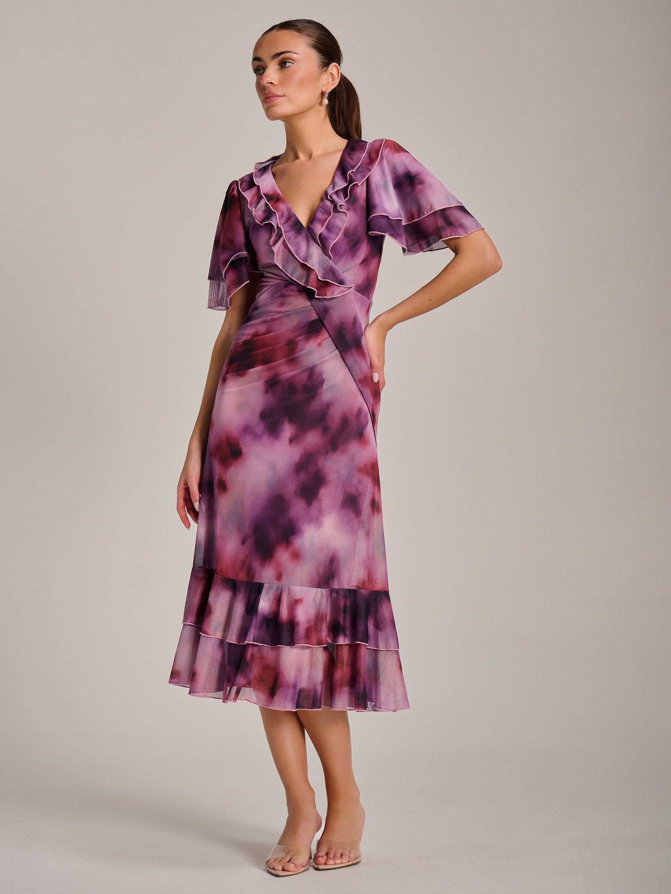 Product image 3 of 7, which shows Jolie Moi Abstract Ruffle Mesh Midaxi Dress, Pink/Multi, 8