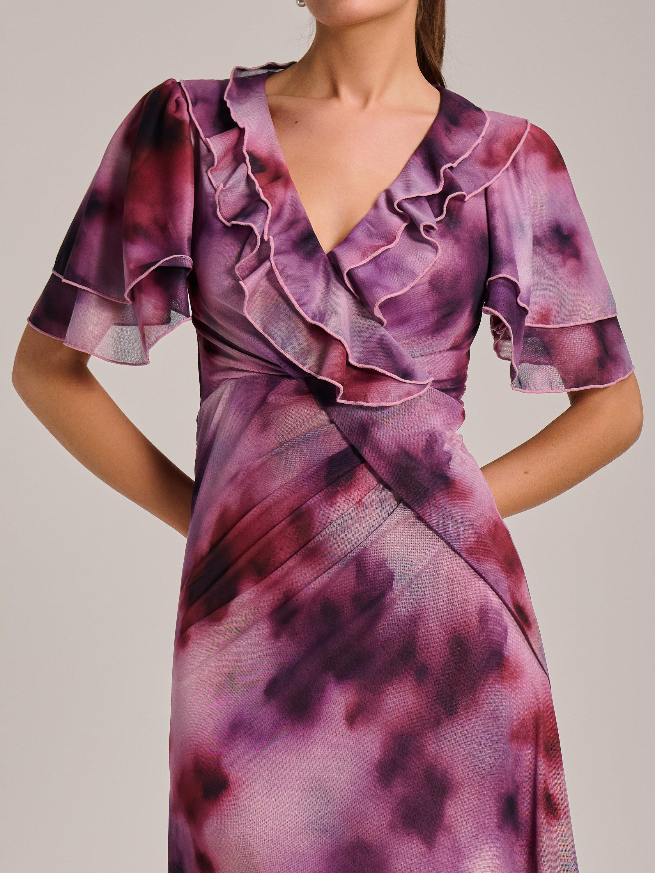 Product image 4 of 7, which shows Jolie Moi Abstract Ruffle Mesh Midaxi Dress, Pink/Multi, 8