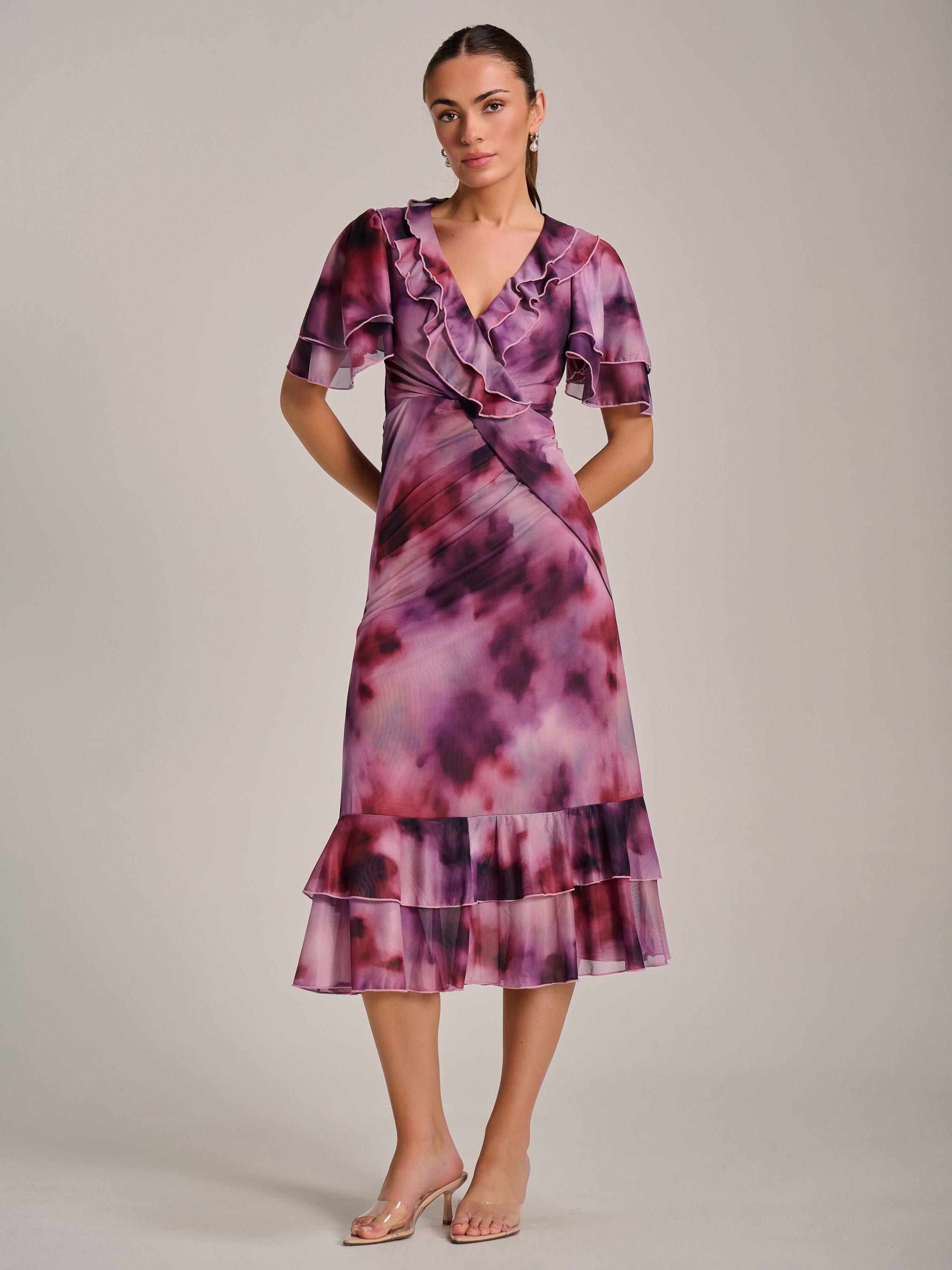 Product image 5 of 7, which shows Jolie Moi Abstract Ruffle Mesh Midaxi Dress, Pink/Multi, 8