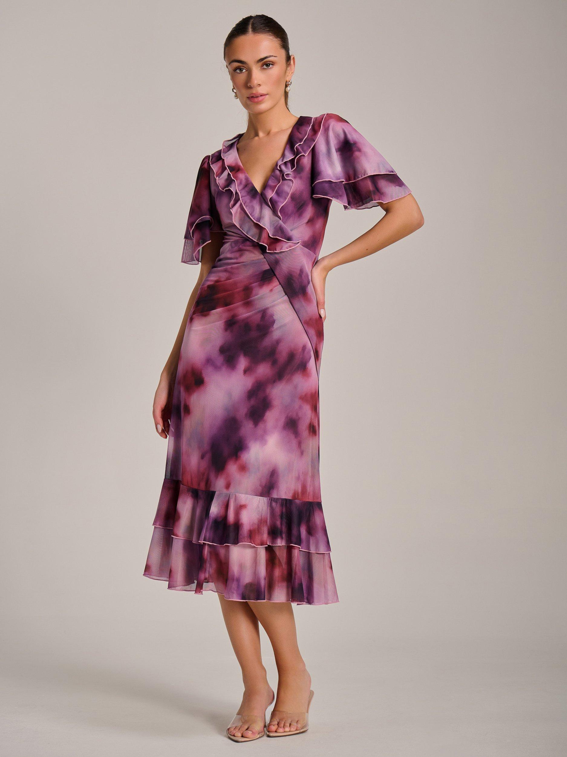 Product image 6 of 7, which shows Jolie Moi Abstract Ruffle Mesh Midaxi Dress, Pink/Multi, 8