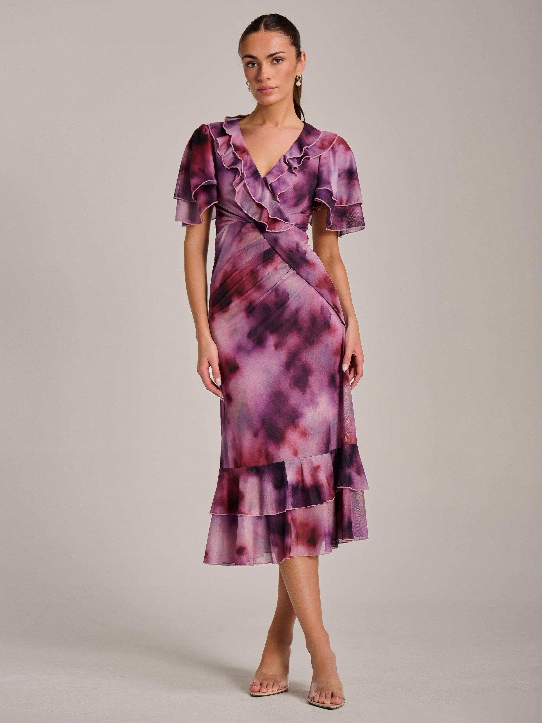 Product image 7 of 7, which shows Jolie Moi Abstract Ruffle Mesh Midaxi Dress, Pink/Multi, 8