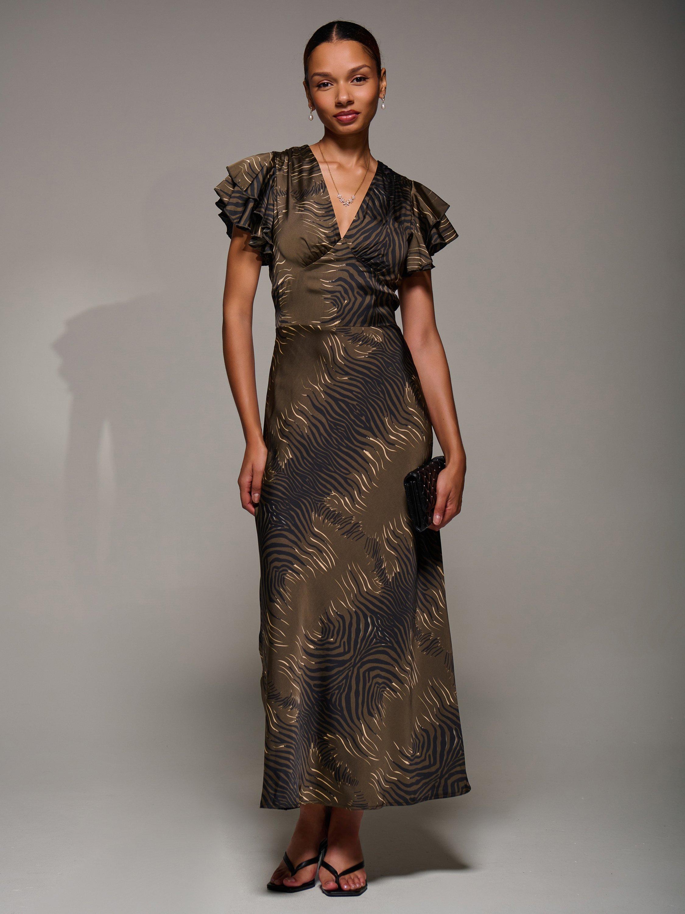 Product image 1 of 7, which shows Jolie Moi Ruffle Satin Maxi Dress, Brown, 8