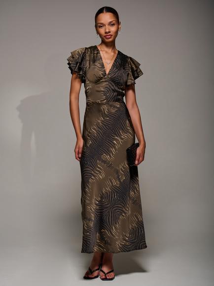 Jolie Moi Ruffle Satin Maxi Dress, Brown