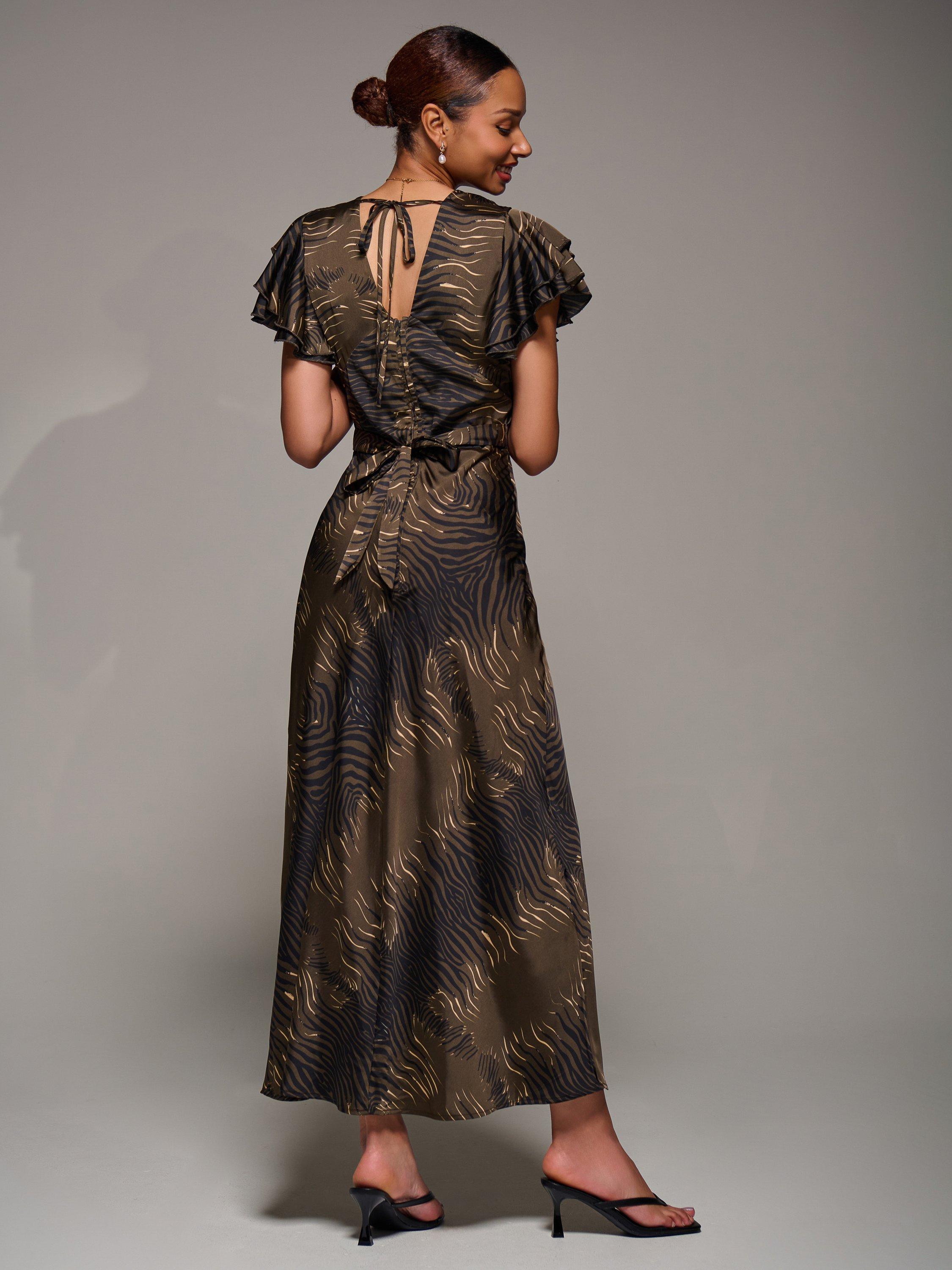 Product image 2 of 7, which shows Jolie Moi Ruffle Satin Maxi Dress, Brown, 8