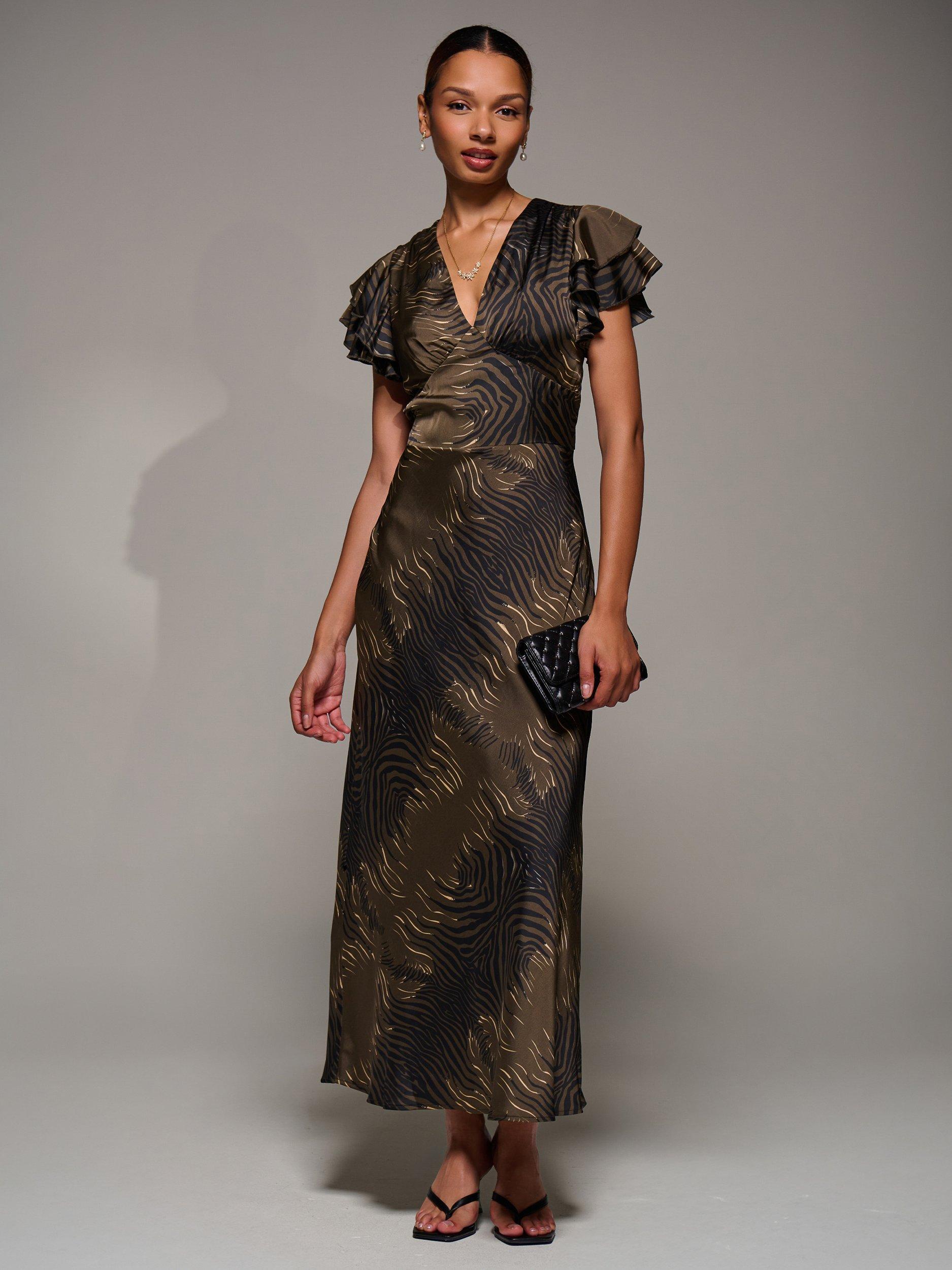 Product image 3 of 7, which shows Jolie Moi Ruffle Satin Maxi Dress, Brown, 8