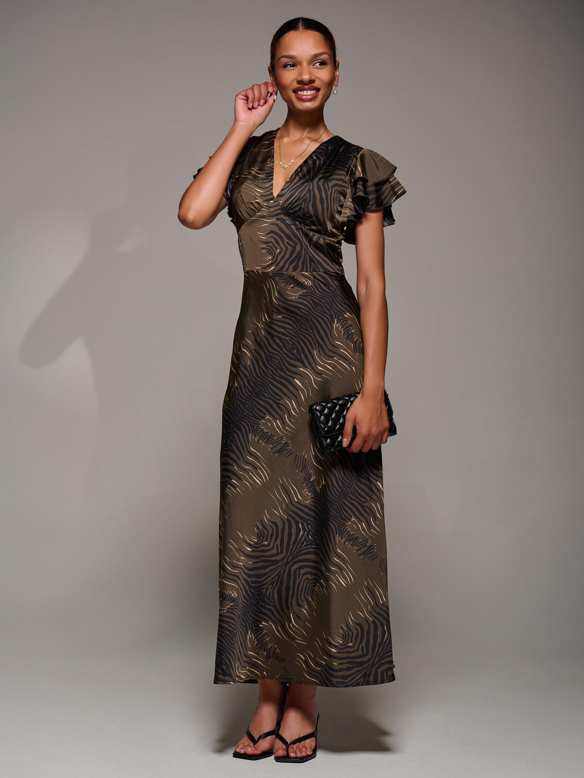 Product image 5 of 7, which shows Jolie Moi Ruffle Satin Maxi Dress, Brown, 8