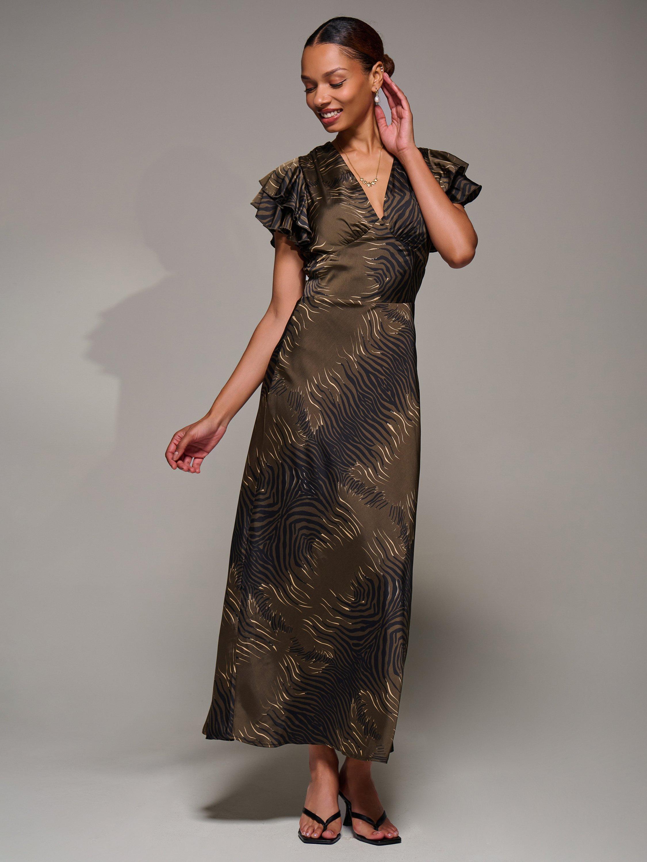 Product image 7 of 7, which shows Jolie Moi Ruffle Satin Maxi Dress, Brown, 8