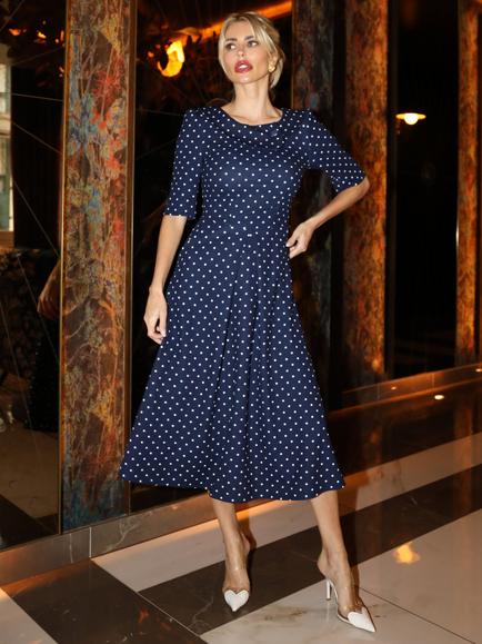 Jolie Moi Polka Dot Scuba Collar Midi Dress, Navy/White