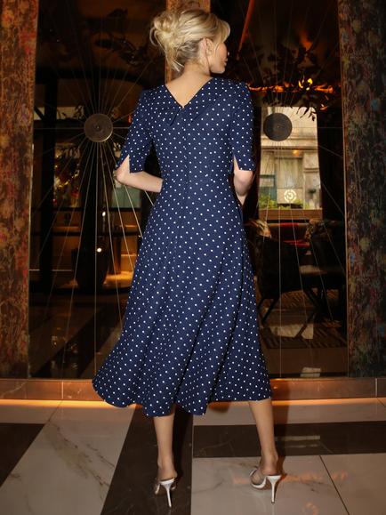 Jolie Moi Polka Dot Scuba Collar Midi Dress - view 2, Navy/White