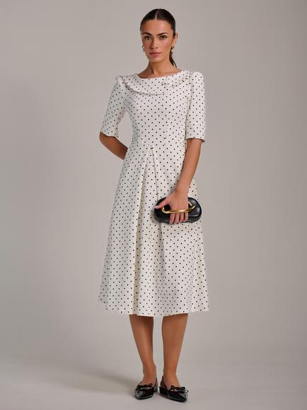 Jolie Moi Polka Dot Scuba Collar Midi Dress, White/Black