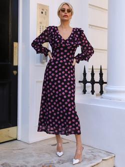 Jolie Moi Polka Dot V-Neck Mesh Midaxi Dress, Black/Fuchsia, Black/Fuchsia