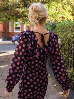 Jolie Moi Polka Dot V-Neck Mesh Midaxi Dress, Black/Fuchsia - view 2, Black/Fuchsia