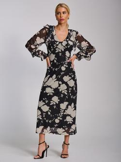 Jolie Moi Floral V-Neck Mesh Midaxi Dress, Black/Grey, Black/Grey