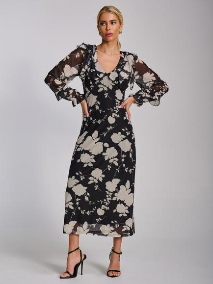 Jolie Moi Floral V-Neck Mesh Midaxi Dress, Black/Grey, Black/Grey