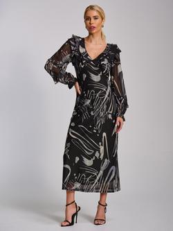 Jolie Moi V-Neck Mesh Midaxi Dress, Black/Grey, Black/Grey