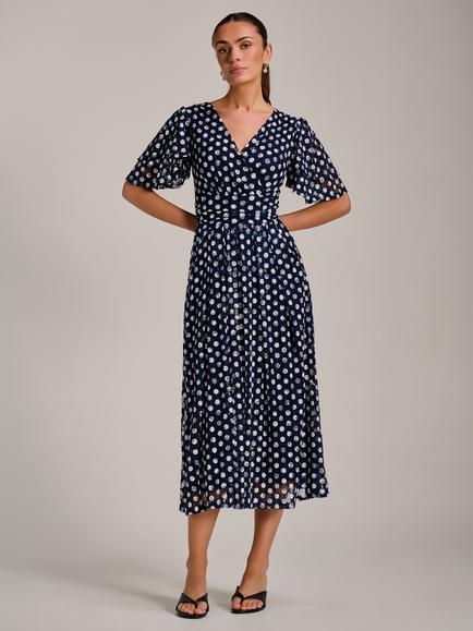 Jolie Moi Polka Dot Angel Sleeve Lace Maxi Dress, Navy/White