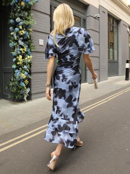 Jolie Moi Ruffle Mesh Abstract Floral Midaxi Dress - view 2, Blue