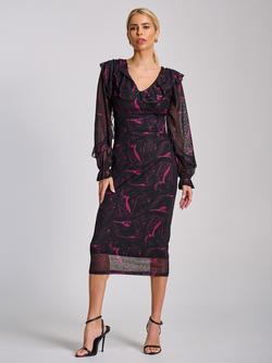 Jolie Moi Abstract Ruffle Mesh Bodycon Dress, Black/Fuchsia, Black/Fuchsia