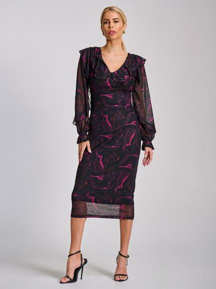 Jolie Moi Abstract Ruffle Mesh Bodycon Dress, Black/Fuchsia, Black/Fuchsia